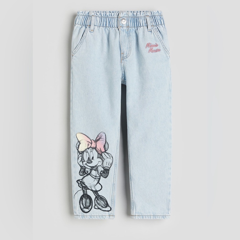 H&M Disney Girls Size 8 Relaxed Fit Paper Bag Pale Denim Blue Minnie Mouse Jeans